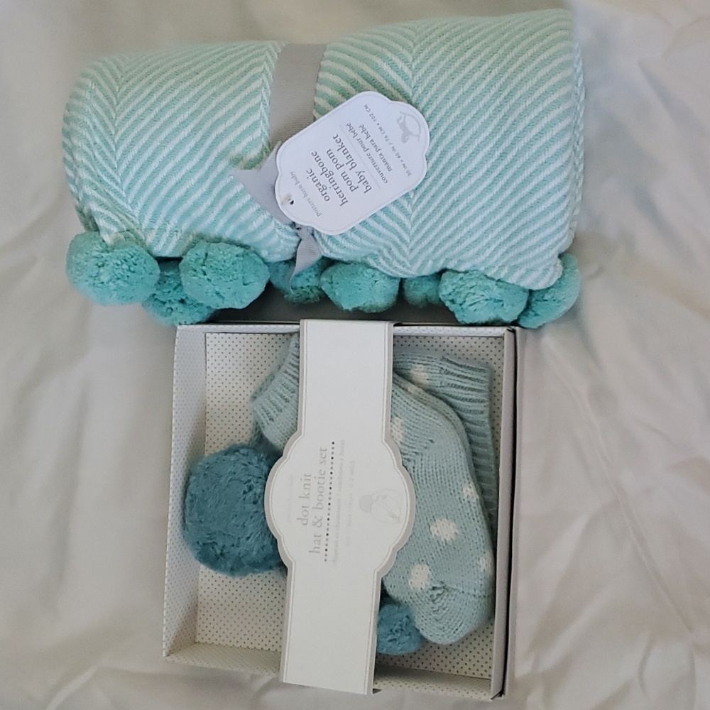 Pottery Barn Baby Blanket and Hat & Bootie Set Lot